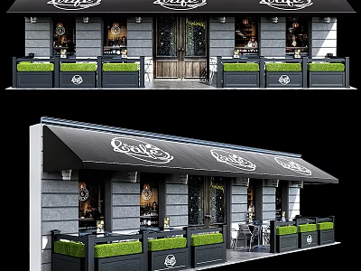 Modern Café Exterior Design With Black Awning Green Planters And Outdoor Tables Chairs 3d model
