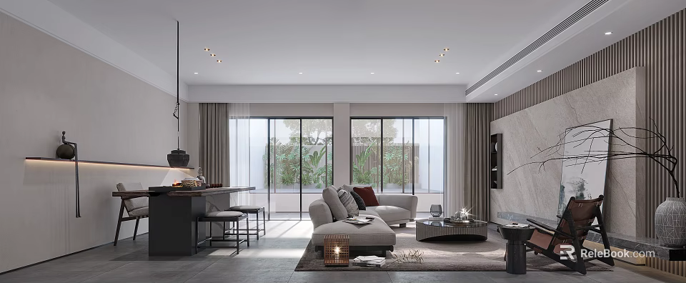 Modern Minimalist Living Room Interior Design With Cozy Sofa Wooden Coffee Table And Light Curtains 3d model 