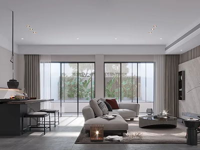 Modern Minimalist Living Room Interior Design With Cozy Sofa Wooden Coffee Table And Light Curtains 3d model
