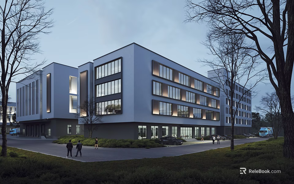 Modern Industrial Factory Building With Large Glass Windows Multi Storey Structure And Surrounding Trees 3d model 