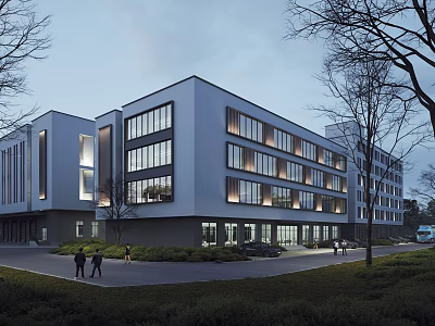 Modern Industrial Factory Building With Large Glass Windows Multi Storey Structure And Surrounding Trees 3d model