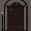 Elegant Classical Brown Wooden Wardrobe With Intricate Carvings And Golden Handles