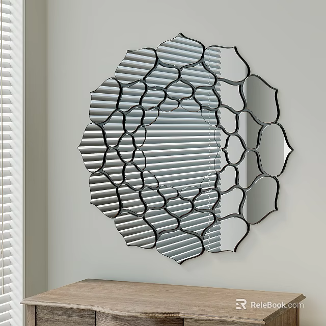 Decorative Round Mirror with Floral Patterned Edge on Wall with Window Blinds 3d model 