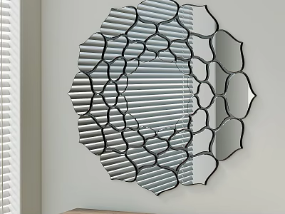 Decorative Round Mirror with Floral Patterned Edge on Wall with Window Blinds 3d model