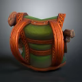 Green Decorative Backpack With Orange Braided Leather Straps Metal Buckles And Intricate Ornamental Details