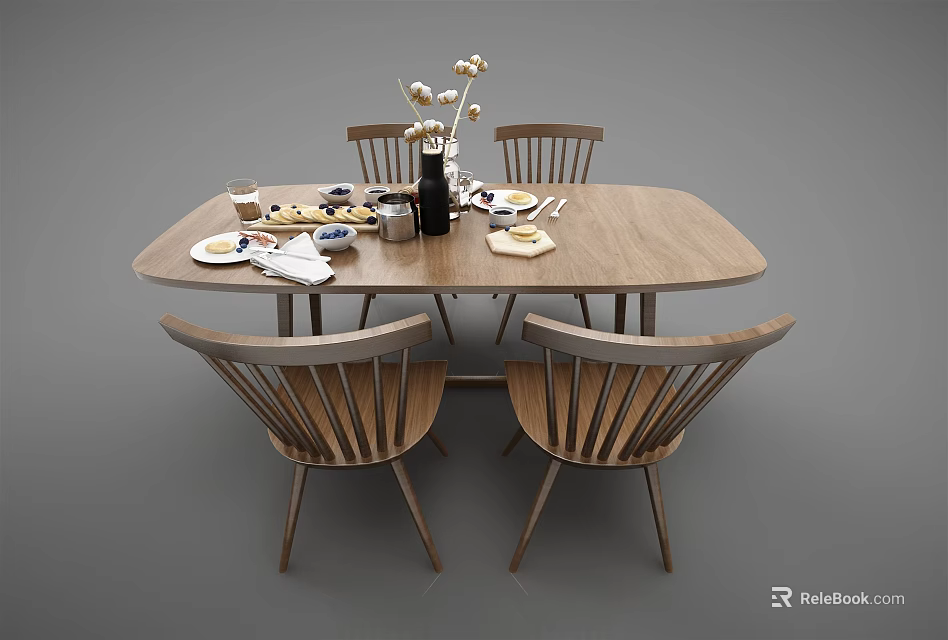 Wooden Oval Dining Table Set With Four Chairs And Tableware Flower Vase 3d model 
