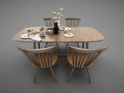 Wooden Oval Dining Table Set With Four Chairs And Tableware Flower Vase 3d model