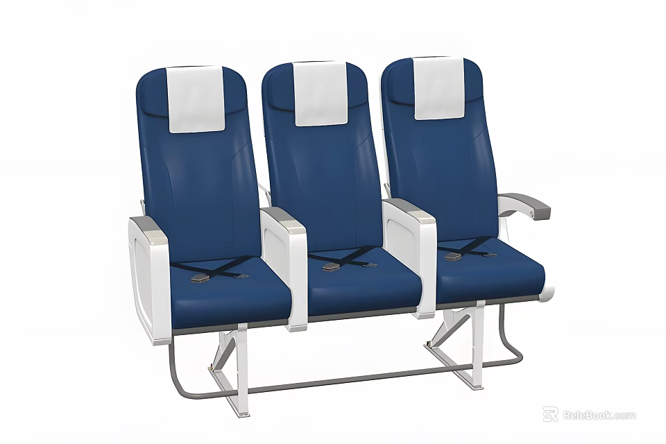 Three Modern Blue Public Chairs With White Headrests Silver Armrests And Metal Frame 3d model