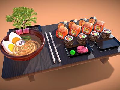 Japanese Ramen And Sushi Served With Chopsticks On Wooden Tray 3d model