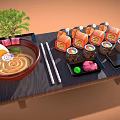Japanese Ramen And Sushi Served With Chopsticks On Wooden Tray