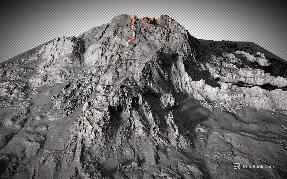 Volcanic Landscape With Gray Rocky Mountain And Orange Lava Flow On Summit 3d model 