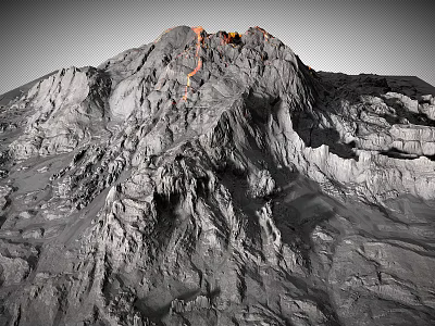 Volcanic Landscape With Gray Rocky Mountain And Orange Lava Flow On Summit 3d model