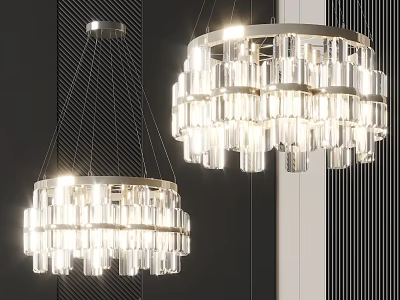 Two Modern Crystal Chandeliers Hanging With Illuminated Glass Shades In Interior 3d model