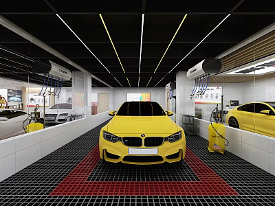 Automotive Service Store Interior With Yellow Car White Walls Black Grid Floor And Equipment 3d model
