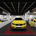Automotive Service Store Interior With Yellow Car White Walls Black Grid Floor And Equipment