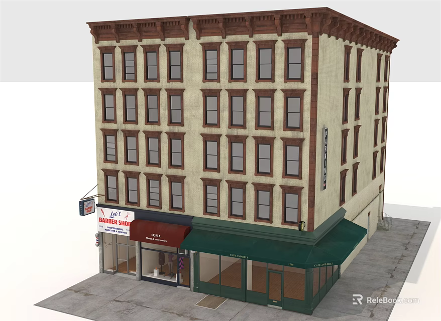 Traditional Commercial Street With Multi Story Building Ground Floor Shops And Green Awnings 3d model 