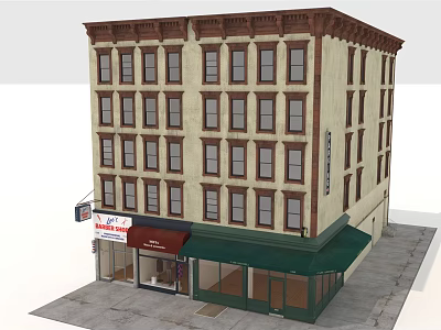 Traditional Commercial Street With Multi Story Building Ground Floor Shops And Green Awnings 3d model