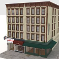 Traditional Commercial Street With Multi Story Building Ground Floor Shops And Green Awnings