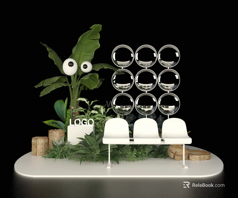 Garden Ornaments Display With Lush Green Plants Mirrored Circular Decor And White Bench 3d model 