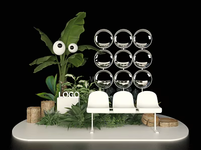 Garden Ornaments Display With Lush Green Plants Mirrored Circular Decor And White Bench 3d model