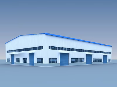 Industrial Factory Building With Steel Structure White Walls Blue Roof Large Windows And Multiple Doors 3d model