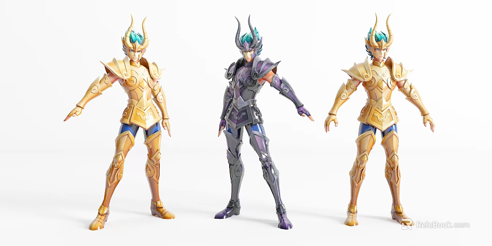 Game and Movie Characters in Armored Suits with Golden Purple Designs and Heroic Stances 3d model 