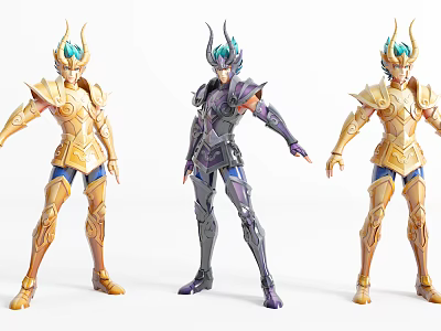 Game and Movie Characters in Armored Suits with Golden Purple Designs and Heroic Stances 3d model