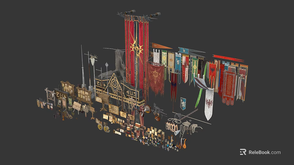 Collection of Assorted Decorative Flags Badges Ornamental Banners with Intricate Designs and Colorful Patterns 3d model 