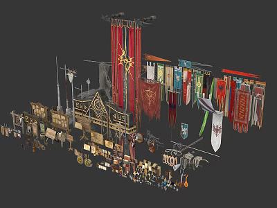 Collection of Assorted Decorative Flags Badges Ornamental Banners with Intricate Designs and Colorful Patterns 3d model