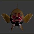 Yellow And Brown Striped Aquatic Fish With Elongated Body And Fins On Dark Surface