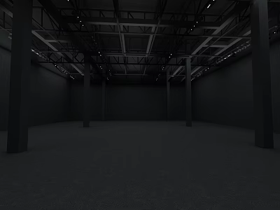 Empty Industrial Interior Space with High Ceiling Exposed Metal Frames Dark Columns and Gray Floor 3d model