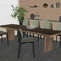 Natural Wooden Dining Table Set With Green Chairs Plant Brick Wall Shelves
