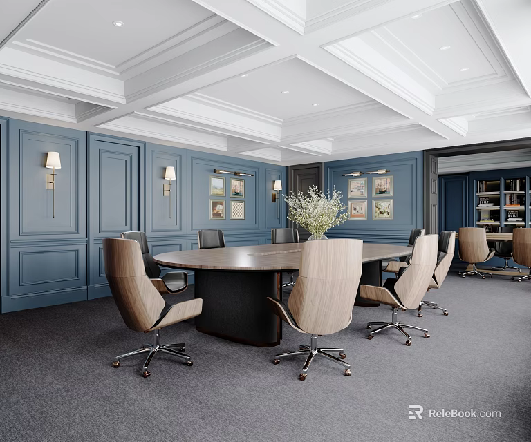 Elegant Modern Conference Room Interior With Blue Paneled Walls Round Table And Wooden Chairs 3d model 
