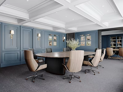 Elegant Modern Conference Room Interior With Blue Paneled Walls Round Table And Wooden Chairs 3d model