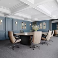 Elegant Modern Conference Room Interior With Blue Paneled Walls Round Table And Wooden Chairs