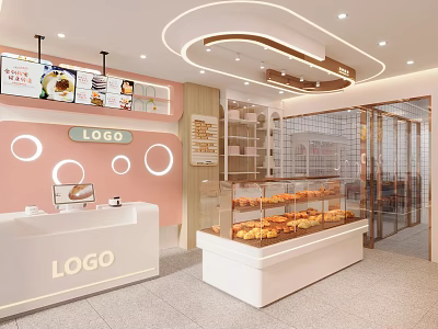 Modern Pastry Shop Interior With Pink Counter And Pastry Display Case 3d model