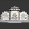 Stone Architectural Model Building With Arched Doorways Gray Roof And Square Base