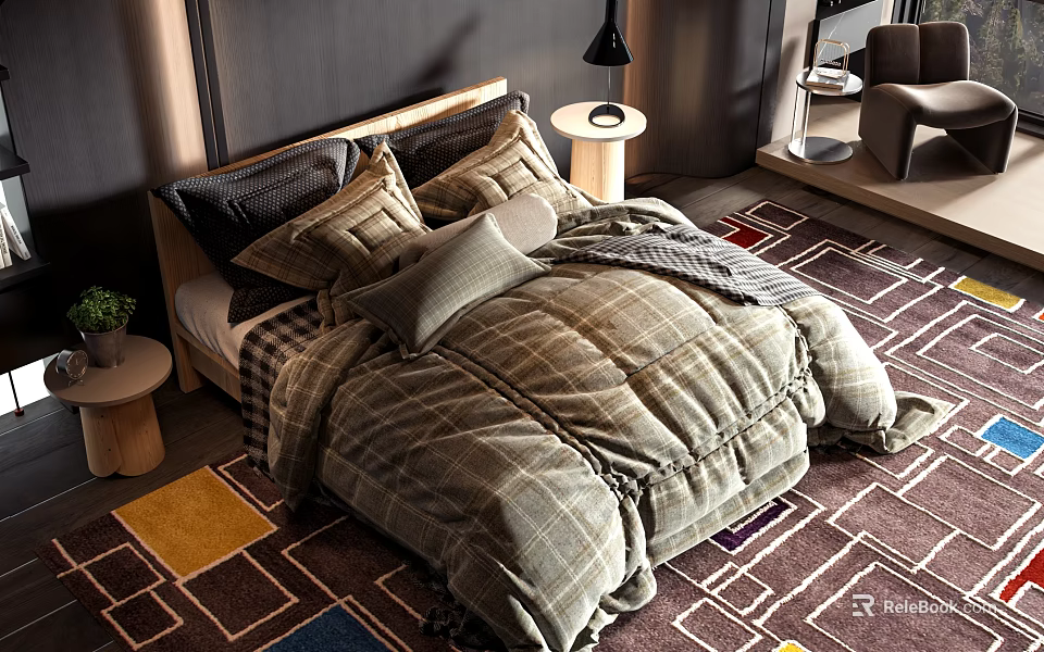 Cozy Double Bed With Plaid Quilt Pillows Dark Walls Modern Bedroom Patterned Rug 3d model 