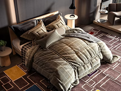 Cozy Double Bed With Plaid Quilt Pillows Dark Walls Modern Bedroom Patterned Rug 3d model