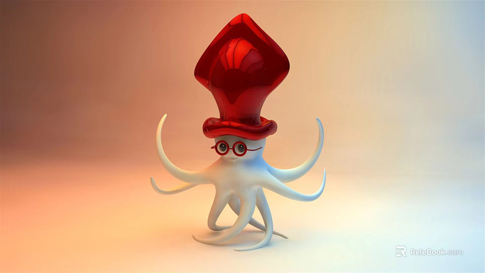 Cute Octopus With Red Hat Shaped Head Red Glasses White Body And Tentacles 3d model