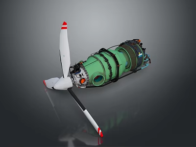 Aircraft Engine 3D Model With Green Body And White Propeller Components 3d model