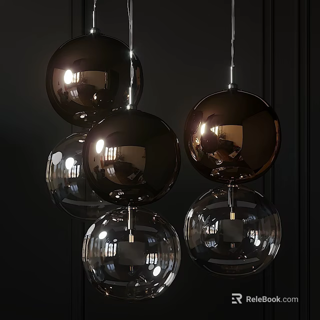 Modern Hanging Chandelier with Black Light Brown Transparent Spherical Balls and Smooth Metal Chains 3d model 