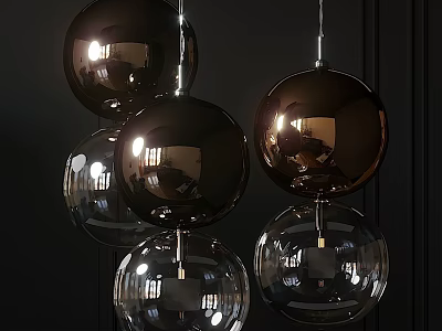 Modern Hanging Chandelier with Black Light Brown Transparent Spherical Balls and Smooth Metal Chains 3d model