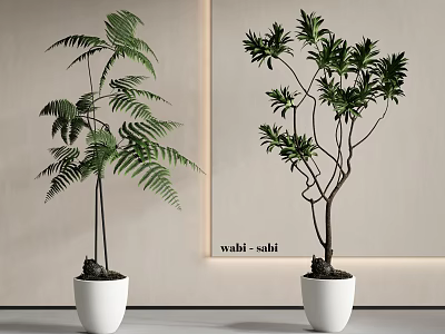 Decorative Bonsai Plants Featuring Fern and Leafy Greenery in White Planters 3d model