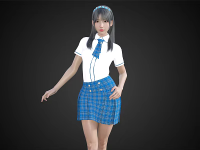 Woman with long hair in white short sleeved shirt blue tie and blue plaid skirt 3d model