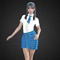 Woman with long hair in white short sleeved shirt blue tie and blue plaid skirt