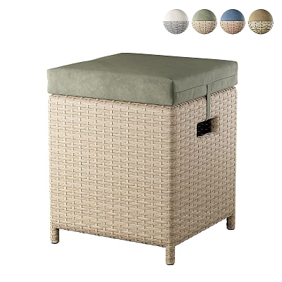 Beige Handwoven Rattan Storage Ottoman With Cushioned Top And Modern Design 3d model