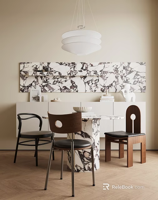 Modern Dining Table Set With Marble Tabletop Designer Chairs And Art Wall Backdrop 3d model