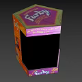 Colorful Furby Toy Box with Purple Orange Design and Play Fun Text Elements
