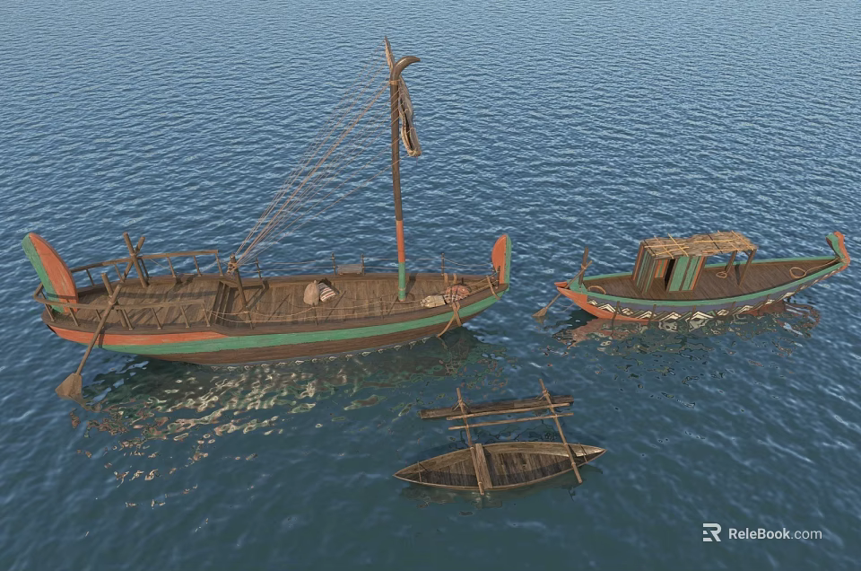 Traditional Wooden Boats with Mast Ropes Small Shelter and Raft on Calm Water 3d model 
